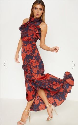 Wedding Guest Outfit - Navy Floral Print Frill Detail Wrap Maxi Dress - Pretty Little Thing