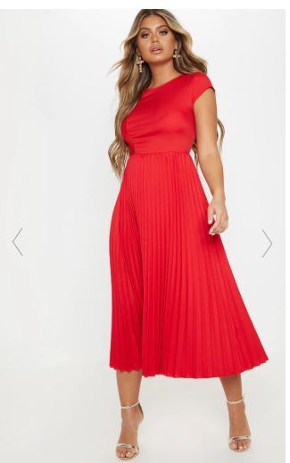 Wedding Guest Outfit - Red Cap Sleeve Pleated Midi Skater Dress - Pretty Little Thing